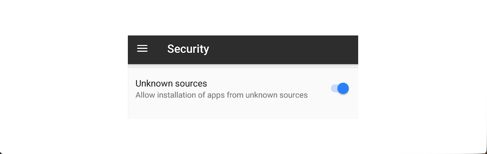 Security settings screen with 'Unknown sources' toggle enabled, allowing app installations from unknown sources.